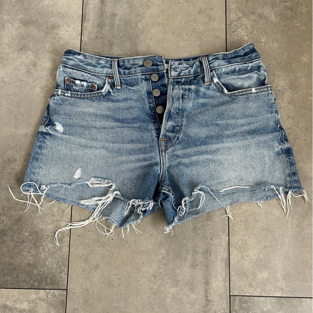 GRLFRND Helena High-Rise Straight Leg Cut Off Short blue rain drop wash 27